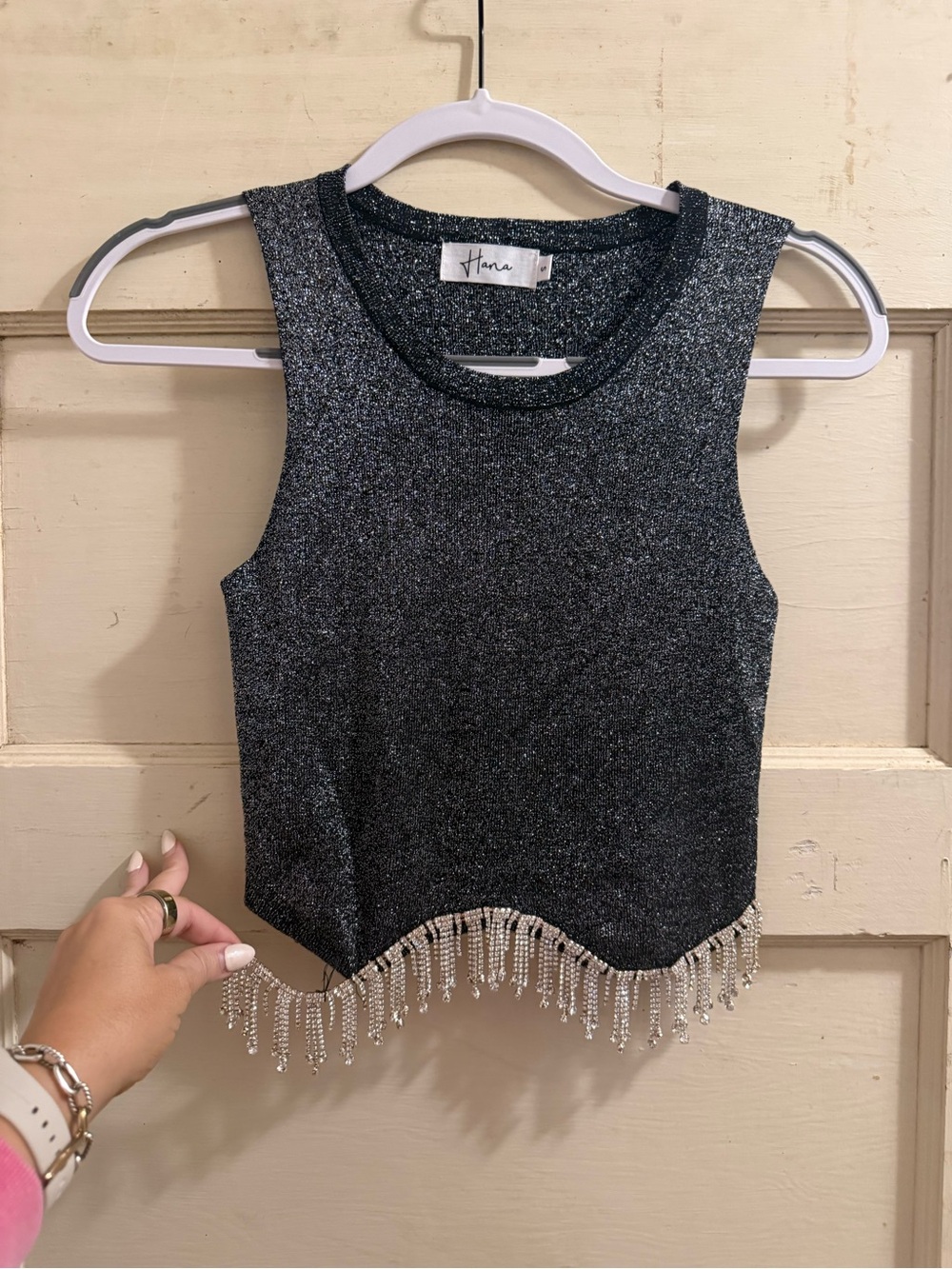 Hana Black Metallic Rhinestone Fringe Crop Top Size S